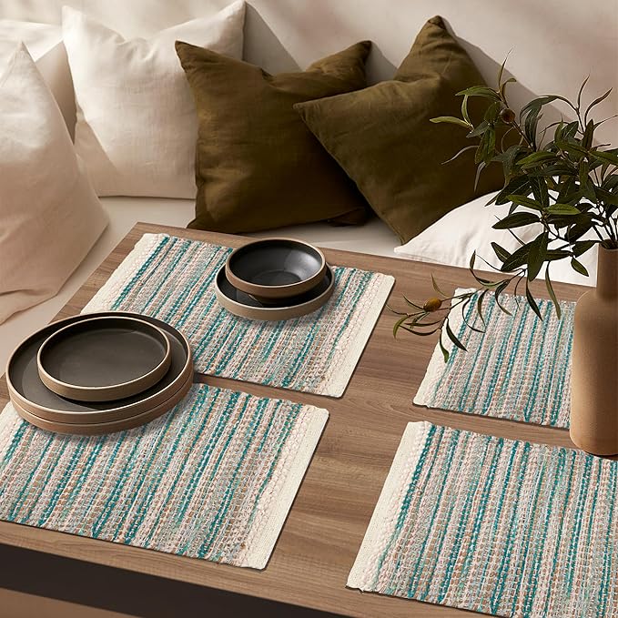 Hausattire Woven Table Placemats Set of 4 - Teal, Jute Boho Outdoor Table Mats for Kitchen Dining Decoration | Heat Resistant Farmhouse Rustic Dinner Spring Easter Placemat - 13x19 Inch