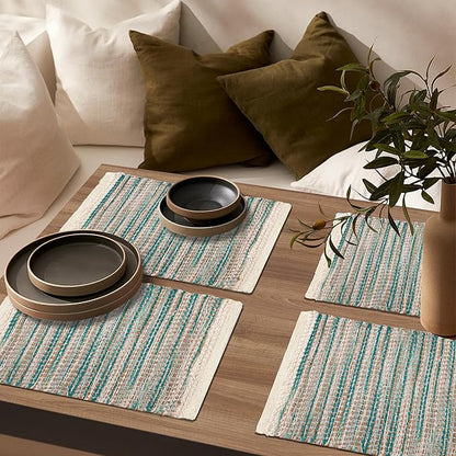 Hausattire Woven Table Placemats Set of 4 - Teal, Jute Boho Outdoor Table Mats for Kitchen Dining Decoration | Heat Resistant Farmhouse Rustic Dinner Spring Easter Placemat - 13x19 Inch