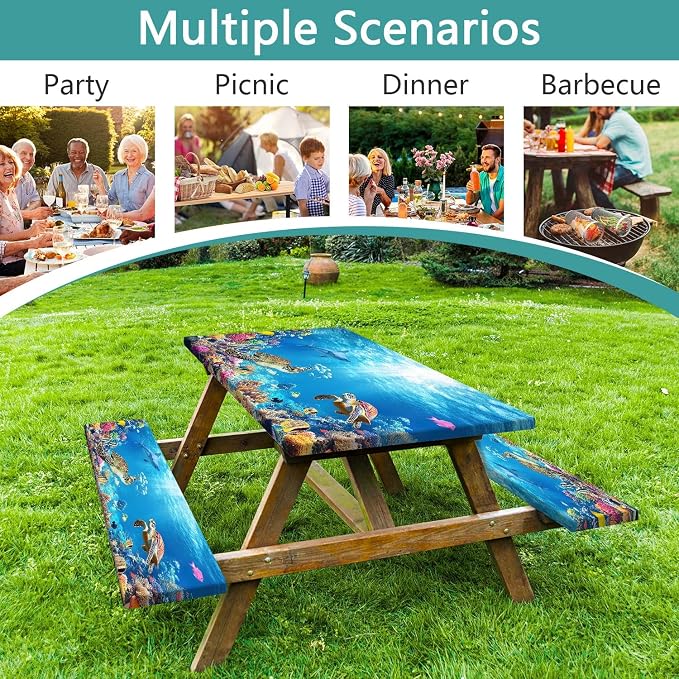 Ocean Animals Picnic Table Cover with Bench Covers, Camping Essentials, Underwater Sea Turtles Waterproof Windproof, Fitted Tablecloth Cover with Elastic Edge, for Garden & Outdoor, 3 PCS, 30x72 Inch