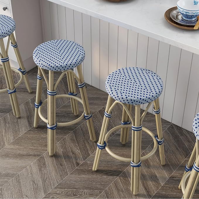 Seadrift Boho 26-inch Aluminum and All-Weather Wicker Barstools with Footrest, Patio Stools & Bar Chairs for Outdoor, Kitchen Counter, Poolside, Yard, Set of 2, Gray and Navy Blue