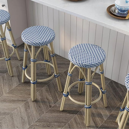 Seadrift Boho 26-inch Aluminum and All-Weather Wicker Barstools with Footrest, Patio Stools & Bar Chairs for Outdoor, Kitchen Counter, Poolside, Yard, Set of 2, Gray and Navy Blue
