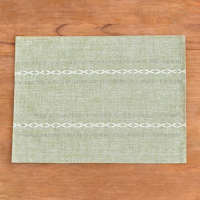 Wracra Cotton Linen Place Mats, Sage Green Embroidered Placemats Set of 8 | Placemats 12 x 18 Inch; Cotton Linen Woven Fabric; Heat Resistant Table Mats; Raised Embroidered Hollow Design