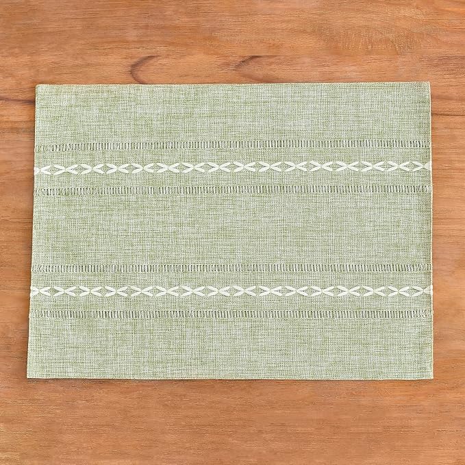 Wracra Cotton Linen Place Mats, Sage Green Embroidered Placemats Set of 4 | Placemats 12 x 18 Inch; Cotton Linen Woven Fabric; Heat Resistant Table Mats; Raised Embroidered Hollow Design