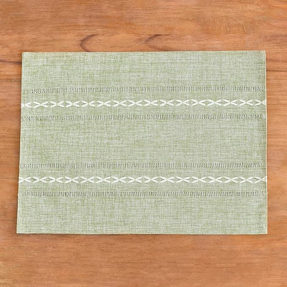 Wracra Cotton Linen Place Mats, Sage Green Embroidered Placemats Set of 4 | Placemats 12 x 18 Inch; Cotton Linen Woven Fabric; Heat Resistant Table Mats; Raised Embroidered Hollow Design