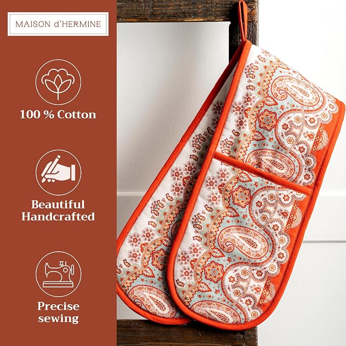 Maison d' Hermine Double Oven Mitts 100% Cotton Double Oven Glove (7"x35") | Heat Resistant BBQ Cooking Gloves with Loop Baking Kitchen Home Hotel Farmhouse Thanksgiving Christmas - Cachemire
