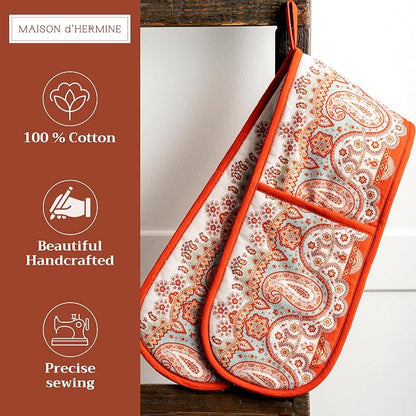 Maison d' Hermine Double Oven Mitts 100% Cotton Double Oven Glove (7"x35") | Heat Resistant BBQ Cooking Gloves with Loop Baking Kitchen Home Hotel Farmhouse Thanksgiving Christmas - Cachemire