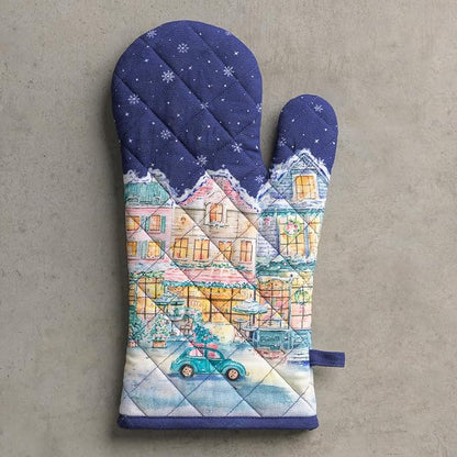 Maison d'Hermine Oven Gloves 100% Cotton Oven Mitt (7" x 13", Pack of 1) | With Loop Heat Resistant BBQ Cooking Gloves Baking Kitchen Handling Hot Pans Thanksgiving Christmas - Christmas Market - Blue