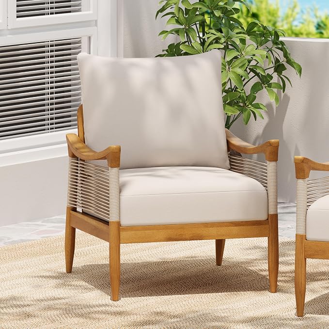 Christopher Knight Home Havets Patio Acacia Wood Club Chair with Woven Rope, Comfortable Outdoor Armchair, Water-Repellent Thick Cushion Deep Seating for Porch, Garden, Backyard, Balcony, Teak+Beige