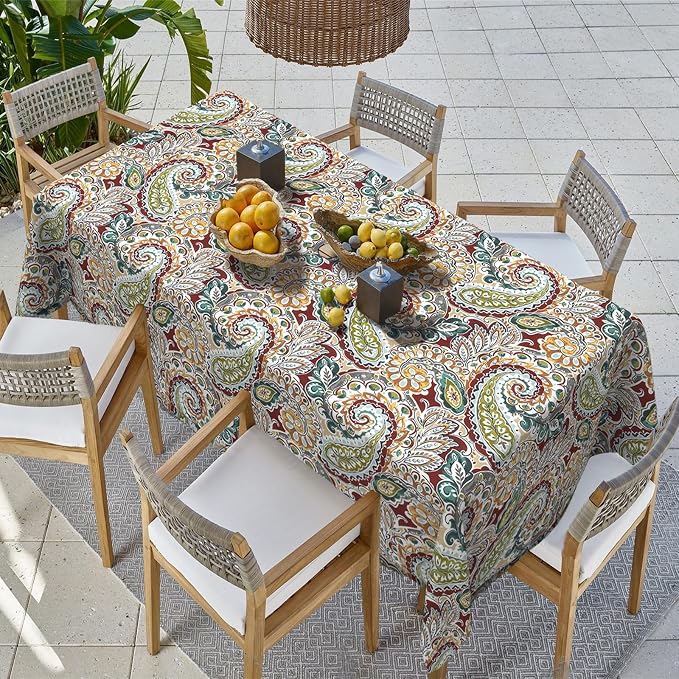 Outdoor Rectangle Tablecloth, 60×84 Inch Water Repellent Picnic Table Cover with Umbrella Hole Zipper for Patio Family Meal, Paisley Chilli