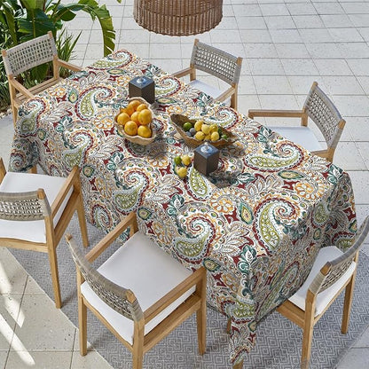 Outdoor Rectangle Tablecloth, 60×84 Inch Water Repellent Picnic Table Cover with Umbrella Hole Zipper for Patio Family Meal, Paisley Chilli