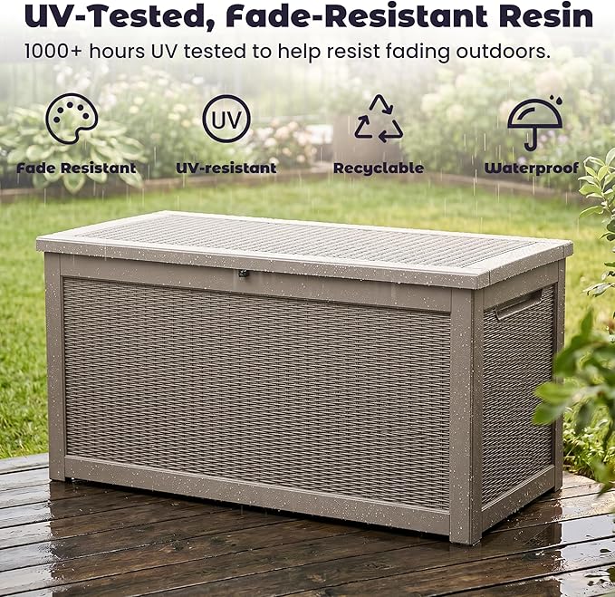 PatioZen 320 Gallon Deck Box, Outdoor Storage Box, Outdoor Storage Box for Cushions, Garden Tools, Furniture Storage,Waterproof, Lockable and Resin,Grey