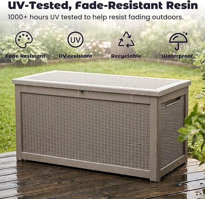 PatioZen 320 Gallon Deck Box, Outdoor Storage Box, Outdoor Storage Box for Cushions, Garden Tools, Furniture Storage,Waterproof, Lockable and Resin,Grey