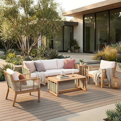 VilroCaz 5-Piece Patio Conversation Set, All Weather Sectional Sofa Set w/ 3 Seater Sofa, 2 Chairs and 2 Coffee Tables, Acacia Wood Outdoor Furniture Set with Woven Rope Accents and Cushions
