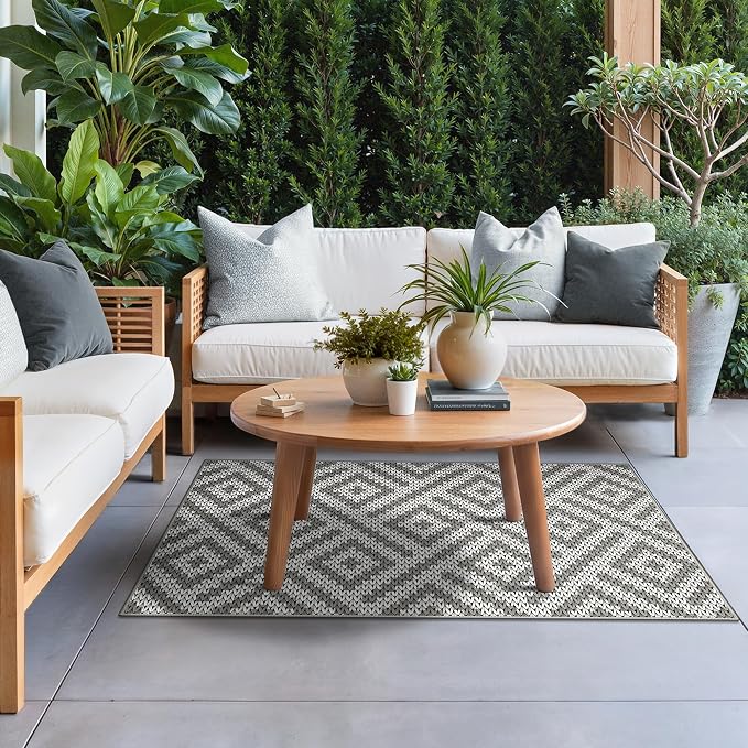 GENIMO Outdoor Rug 3'x5' Waterproof for Porch, Plastic Door Mat Cloud Grey | Outside Larger Modern Carpet Mat for Porch Decor, Deck, Balcony, Camping, RV, Backyard, Picnic, Beach, Reversible, Foldable