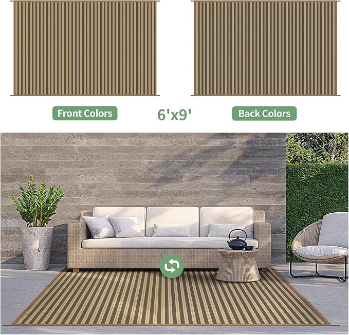 GENIMO Outdoor Rug, Waterproof Plastic Rugs for Patio, 6'x9' Brown Greige | Outside Larger Modern Carpet Mat for Porch Decor, Deck, Balcony, Camping, RV, Backyard, Picnic, Beach, Reversible, Foldable