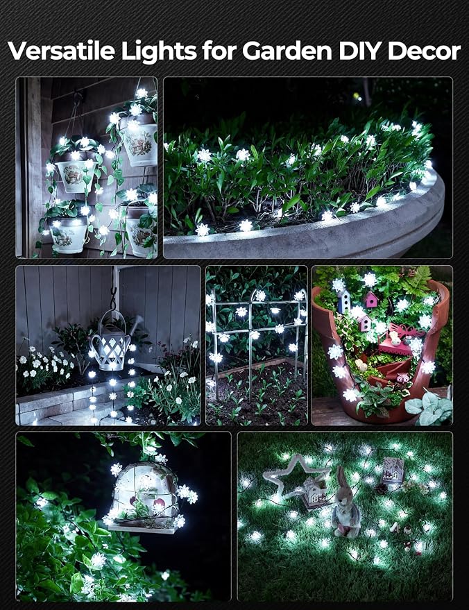 Brightown 50 LED Pure White Solar Flower String Lights Outdoor Waterproof, 23FT Solar Powered Fairy Lights with 8 Modes for Garden Yard Fence Patio Christmas Balcony Holiday Party Decor
