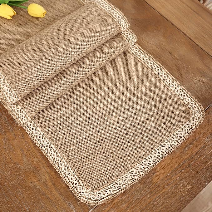 Khaki Table Runner 13 x 120 inch Long Natural Jute Braided Table Runner with Beige Lacework for Spring Summer Parties BBQ's Everyday Holidays Rustic Vintage Dining Farmhouse Table Runner