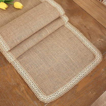 Khaki Table Runner 13 x 120 inch Long Natural Jute Braided Table Runner with Beige Lacework for Spring Summer Parties BBQ's Everyday Holidays Rustic Vintage Dining Farmhouse Table Runner