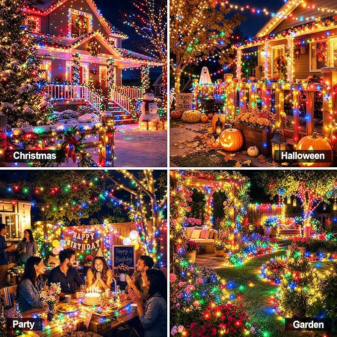 Solar String Lights Outdoor 2 Pack Total 66FT 200LED Solar Fairy Lights Waterproof 8 Modes Twinkle Solar Lights for Patio, Garden Yard Party Wedding Tree Christmas Halloween Decoration, Multicolor