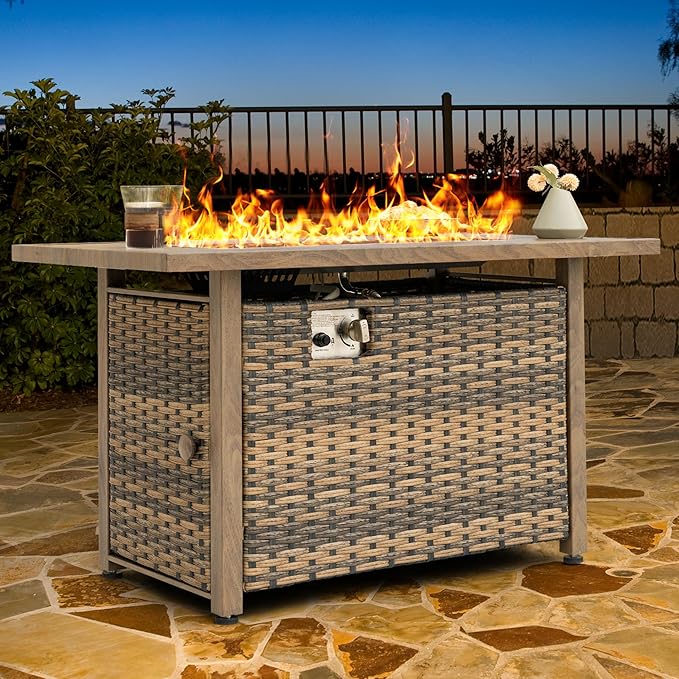 Nuu Garden 43" Propane Fire Pit Table, 50,000 BTU CSA-Listed Rattan Outdoor Gas Fire Pit with Lid & Glass Beads, Smokeless Rectangular Patio Heater Table for Backyard, Deck, Garden, Brown
