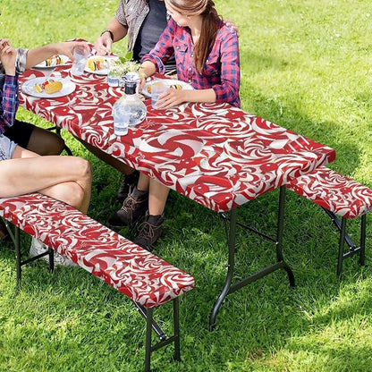 Xmas Elastic Fitted Table Cloth for Camping Party Supplies 3 PCS Set Christmas Swirl Candy Outdoor Picnic Table Cover with Bench Covers