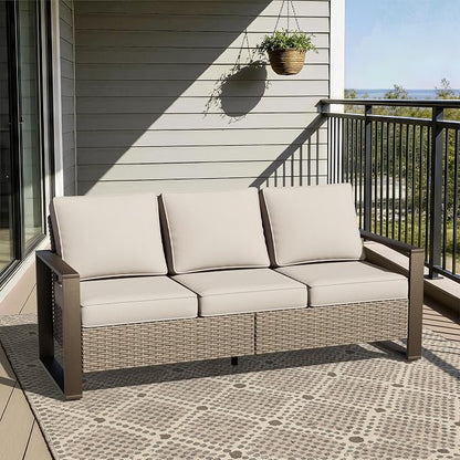 Joyside Outdoor Patio Wicker Sofa, 3-Seater Rattan Sofa with Thick Olefin Cushions and Metal Steel Rectangular Framed Armrest -Looking Metal Armrest Suitable for Garden, Backyard, Porch, Deck, Beige