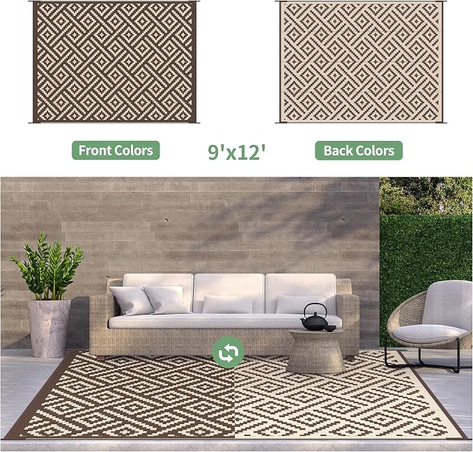 GENIMO Outdoor Rug, Waterproof Plastic Rugs 9'x12' for Camping Coffee Beige | Outside Larger Modern Carpet Mat for Porch Decor, Deck, Balcony, Camping, RV, Backyard, Picnic, Beach, Reversible, Foldable