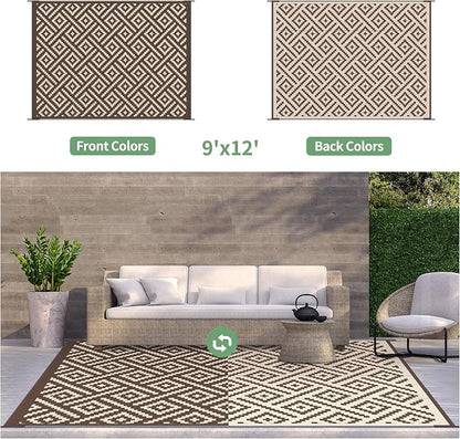GENIMO Outdoor Rug, Waterproof Plastic Rugs 9'x12' for Camping Coffee Beige | Outside Larger Modern Carpet Mat for Porch Decor, Deck, Balcony, Camping, RV, Backyard, Picnic, Beach, Reversible, Foldable