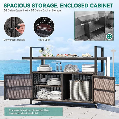 YITAHOME Large Outdoor Kitchen Wicker Island Rolling Cart, Patio Bar Table with Thickened Frame, Patio Storage Cabinet w/Wheels and Black Glass Table Top Backyard and Poolside Dark Brown