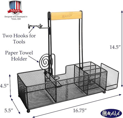 OMAIA BBQ and Grill Caddy with Paper Towel Holder, Wood Handle & 2 Hooks – Camper Accessories Condiment Caddy – Plates, Cutlery and BBQ Organizer for Camping Outdoor, RV - US Patent Pending