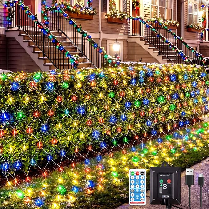 11.5x5FT Solar Christmas Net Lights Outdoor Waterproof with Remote | 240LED 8 Modes Solar & USB Powered Mesh Lights with Green Wire for Gazebo, Bush, Garden Shrubs, Lawn, Patio Decor, Multicolor