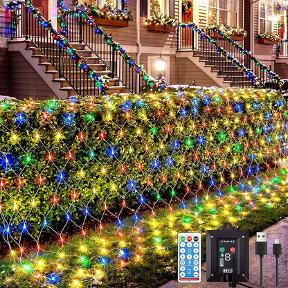 11.5x5FT Solar Christmas Net Lights Outdoor Waterproof with Remote | 240LED 8 Modes Solar & USB Powered Mesh Lights with Green Wire for Gazebo, Bush, Garden Shrubs, Lawn, Patio Decor, Multicolor