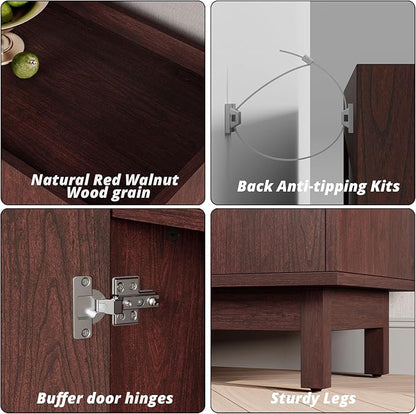 IRONCK Storage Cabinet with Grille Doors, Natural Red Walnut | 2 Adjustable Shelves