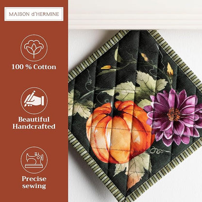 Maison d' Hermine Pot Holders 100% Cotton Potholders (8" x 8", Pack of 1) | Heat Resistant Hot Pads with Loop BBQ Cooking Kitchen Handling Hot Pans Thanksgiving Christmas - Pumpkin Garden - Dark Green
