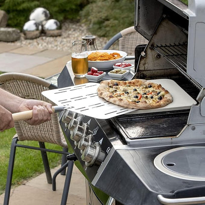 Hans Grill Pizza Stone PRO XL Baking Stone For Pizzas use in Oven, Grill or BBQ FREE Long Handled Anodised Aluminium Pizza Peel | Rectangular Stone 15 x 12" Inches | For Pies, Pastry, Bread, Calzone