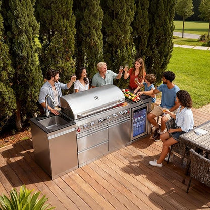 83" All-in-One Outdoor Kitchen Island,7 Burner Modular Kitchen with Grill Station Cabinetry,304 Stainless Black Granite, Sink, Fridge, BBQ Set for Patios & Backyards (Stainless, 83 IN-Fridge)