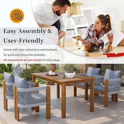 Merax Luxury 5-Piece Outdoor Patio Dining Set for 4, Solid Acacia Wood Dinning Set with Rope Woven Chairs,Farmhouse Dining Furniture Set for Garden, Backyard, Poolside, Brown+Gray