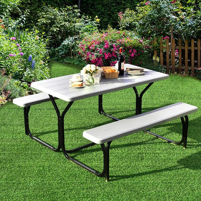GYMAX Picnic Table, Picnic Bench Easy to Assemble w/All Weather Wood Grain Tabletop & Metal Frame, Picnic Tables for Outdoors Camping Backyard Deck Patio Poolside Dining Party
