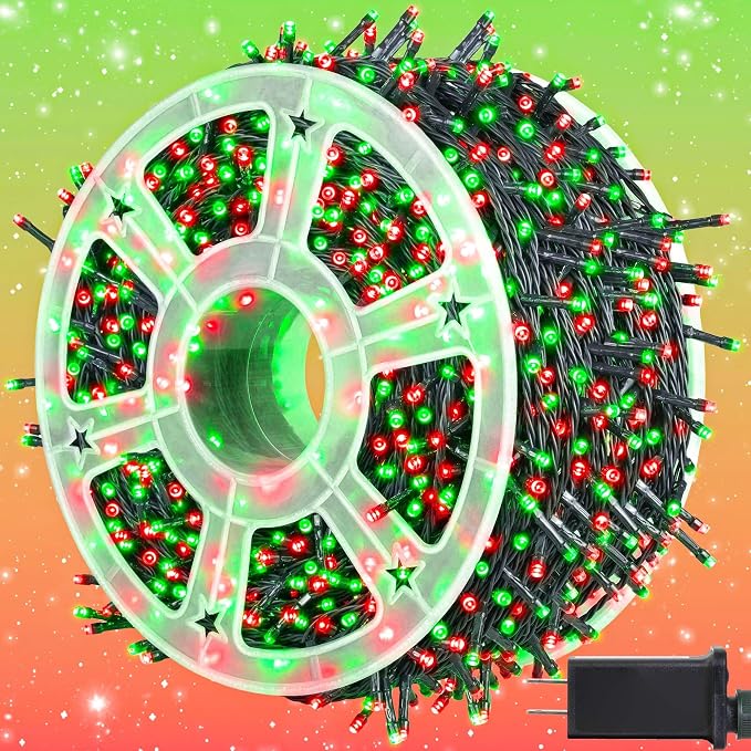 kemooie 500 LED Christmas String Lights, 164FT 8 Lighting Mode with Memory Plug in Green Wire Waterproof Lights, for Outdoor Birthday Christmas Party Garden Balcony Decorations (Red and Green)