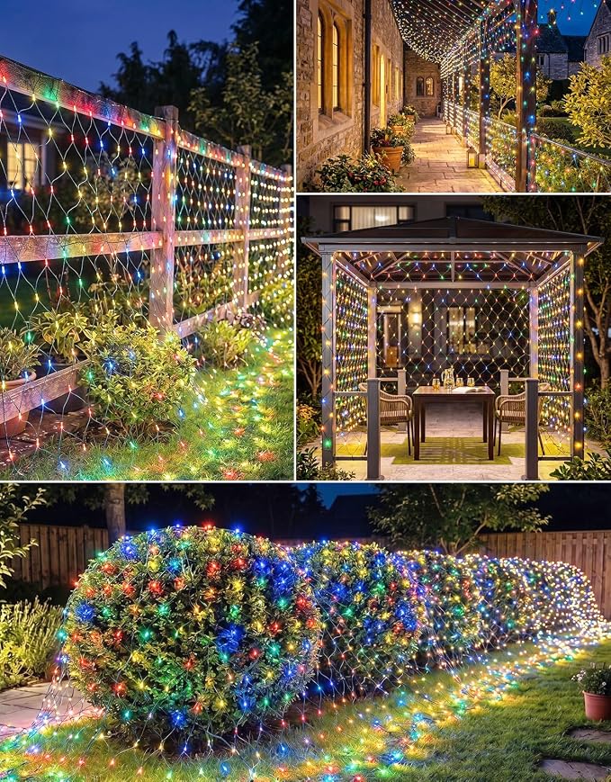 10x10FT Solar Christmas Net Lights Outdoor Waterproof with Remote | 240LED 8 Modes Solar & USB Powered Mesh Lights with Green Wire for Gazebo, Bush, Garden Shrubs, Lawn, Patio Decor, Multicolor