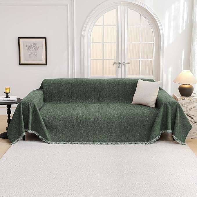 MYSKY HOME Couch Cover for Sofa Couch Covers for Pets, Non Slip Dogs Furniture Protector with Tassels for Living Room Non Slip Washable Furniture Protector Cover for Pet, Cat, 91"x118", Moss Green