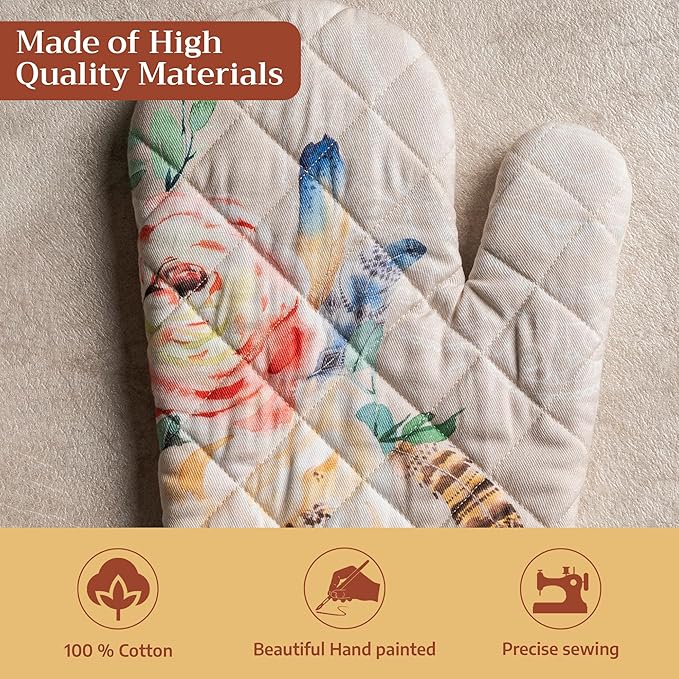 Maison d'Hermine Oven Gloves 100% Cotton Oven Mitt 7" x 13" with Loop Heat Resistant BBQ Cooking Gloves Baking Grilling Kitchen Hotel Home Farmhouse Spring Summer (Pack of 1, Ibiza - Beige)