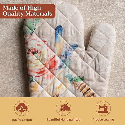 Maison d'Hermine Oven Gloves 100% Cotton Oven Mitt 7" x 13" with Loop Heat Resistant BBQ Cooking Gloves Baking Grilling Kitchen Hotel Home Farmhouse Spring Summer (Pack of 1, Ibiza - Beige)