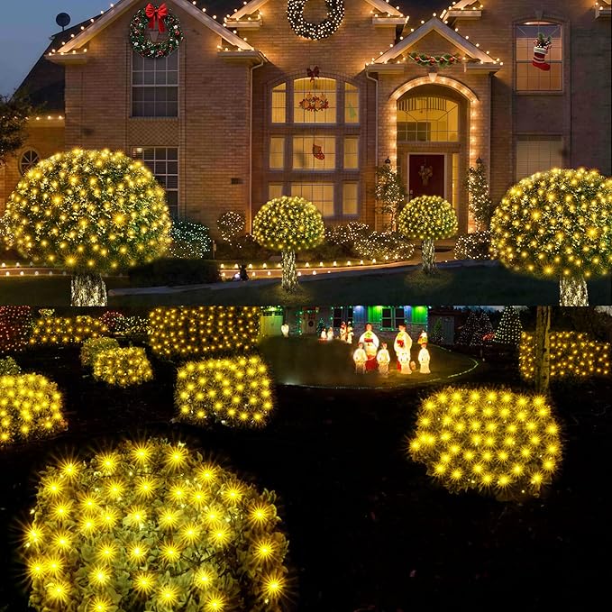 WBao Christmas Lights Outdoor, 200LED 8.4ft x 5.2ft Christmas Net Lights with 8 Modes, Timer, End to End Connectable, Waterproof LED Net Lights for Lawn, Bushes, Trees Xmas Decorations, Warm White