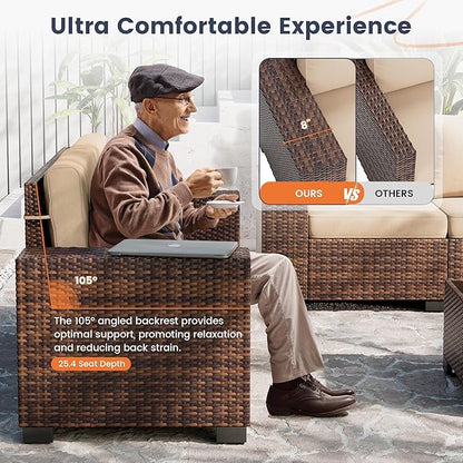 UDPATIO Patio Furniture Set with Fire Pit Table, 8 Inch Armrest 7 Piece Outdoor Sectional Sofas, All-Weather Wicker Conversation for Garden, Backyard, Brown/Khaki
