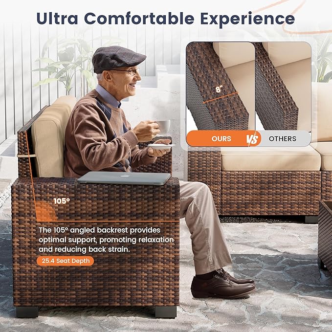 UDPATIO Patio Furniture Set, 8 Inch Armrest Outdoor Sectional Sofa with Wicker Coffee Table, 6 Piece Conversation for Garden, Backyard, Khaki