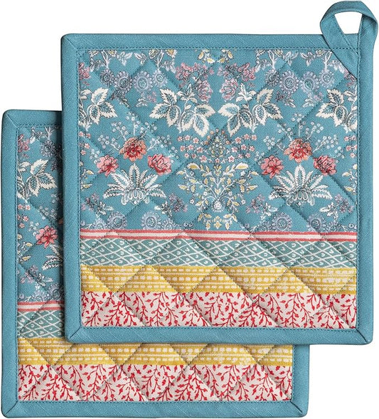 Maison d' Hermine Pot Holders 100% Cotton Heat Resistant Potholders 8" x 8" Hot Pads with Loop BBQ Cooking Baking Hotel Farmhouse Kitchen Handling Hot Pans Spring Summer (Pack of 2, Marquise)