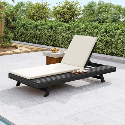 Christopher Knight Home Dami Patio Chaise Lounge Chair Outdoor with 2-Thick Cushion, Acacia Wood Poolside Sun Lounger with Space Available On One Side, Adjustable Backrest Pool Lounger, Black + Cream