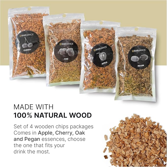 Cocktail Smoker Wood Chips by Barhance - Oak, Pecan, Cherry, Apple Wood Chips for Smoking Cocktail - Smoking Chips for Whiskey, Bourbon, Cocktails - Wood Chip for Smoker - Gift for Bartenders