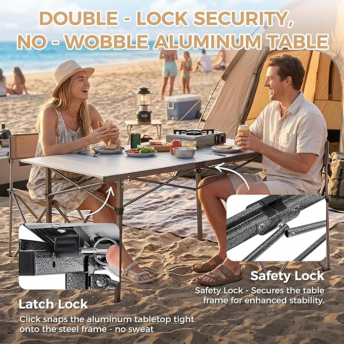 KingCamp Aluminum Camping Table Foldable, Large 53.5" Roll Up Camp Table Folding Seamless Tabletop Heavy Duty Duck Hunting Camping Tables Metal Portable Outdoor Collapsible for RV BBQ Picnic Hunting